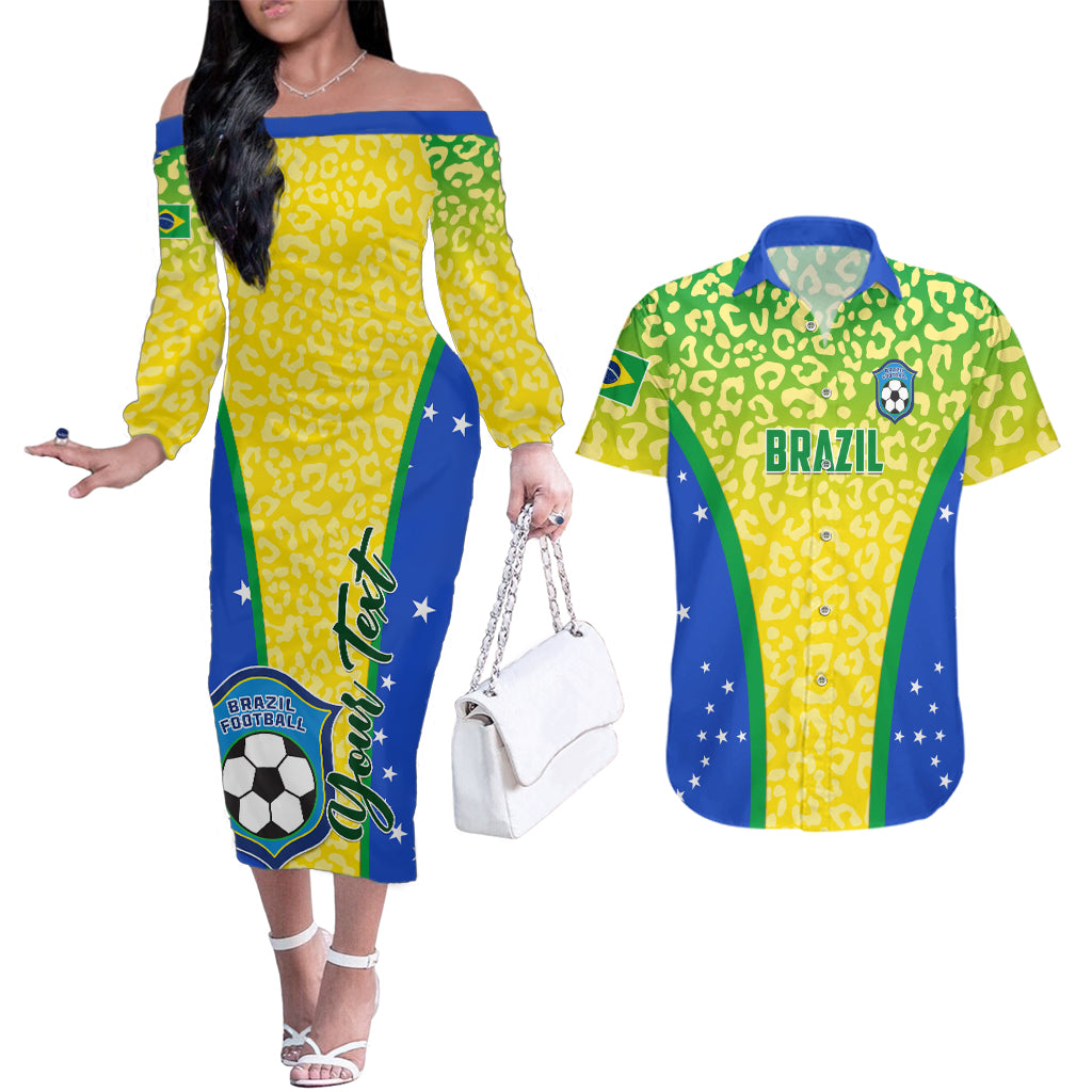 Personalised Brazil Football Couples Matching Off The Shoulder Long Sleeve Dress and Hawaiian Shirt Brasil Leopard Pattern - Wonder Print Shop
