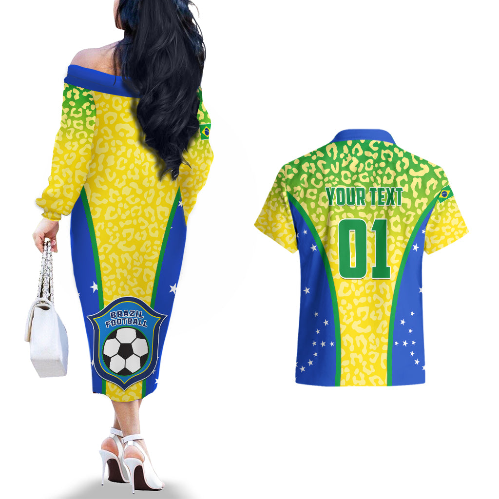 Back yellow off-shoulder leopard Brazil print dress and matching shirt with YOUR TEXT 01