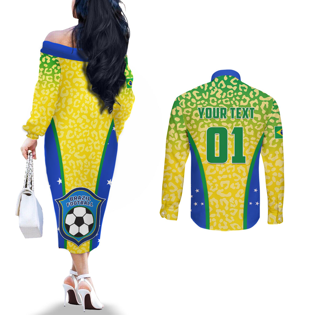 Couples matching set: yellow leopard off-shoulder dress and long-sleeve button shirt, back view