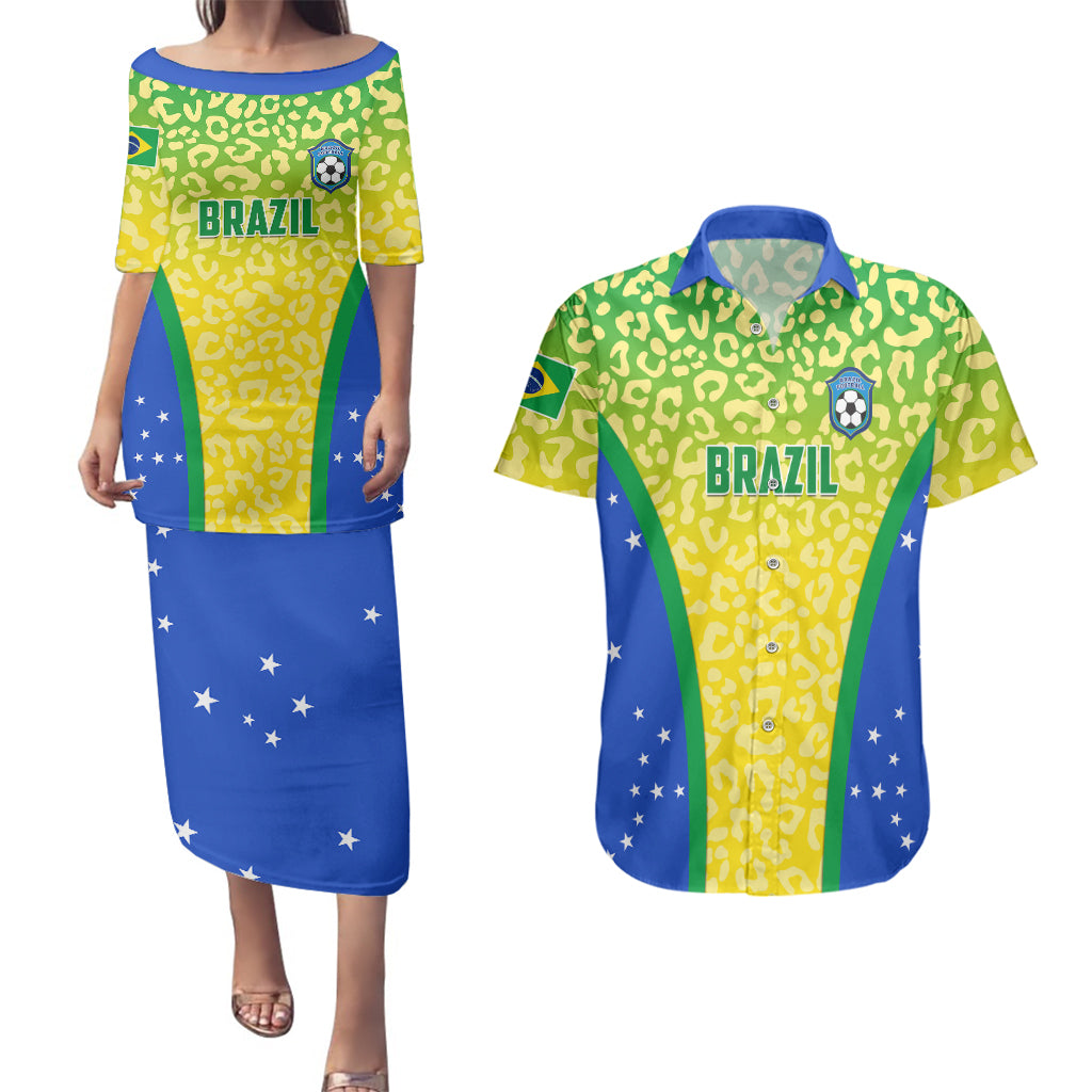 Personalised Brazil Football Couples Matching Puletasi Dress and Hawaiian Shirt Brasil Leopard Pattern - Wonder Print Shop