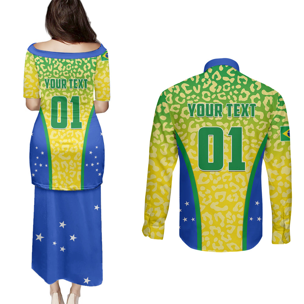 Personalised Brazil Football Couples Matching Puletasi Dress and Long Sleeve Button Shirts Brasil Leopard Pattern - Wonder Print Shop