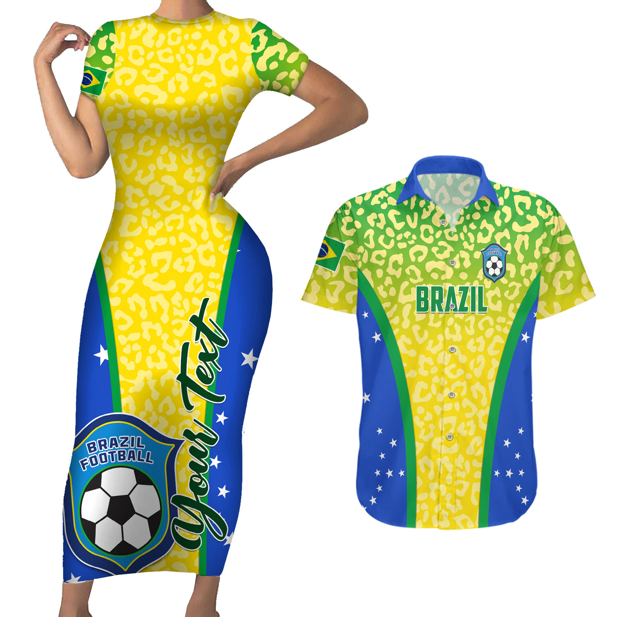 Personalised Brazil Football Couples Matching Short Sleeve Bodycon Dress and Hawaiian Shirt Brasil Leopard Pattern - Wonder Print Shop
