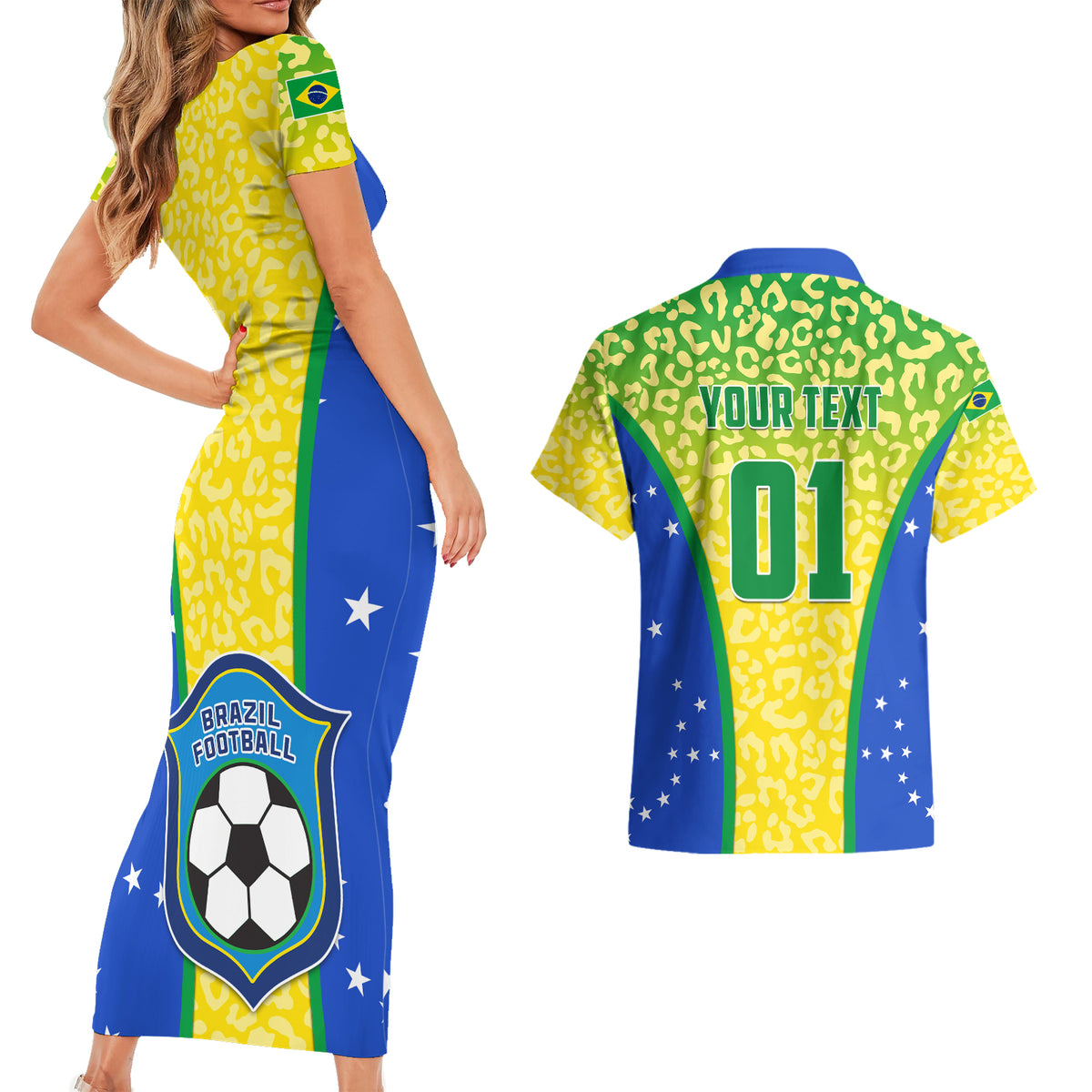 Yellow bodycon short-sleeve dress; green Hawaiian shirt back with 'YOUR TEXT 01'
