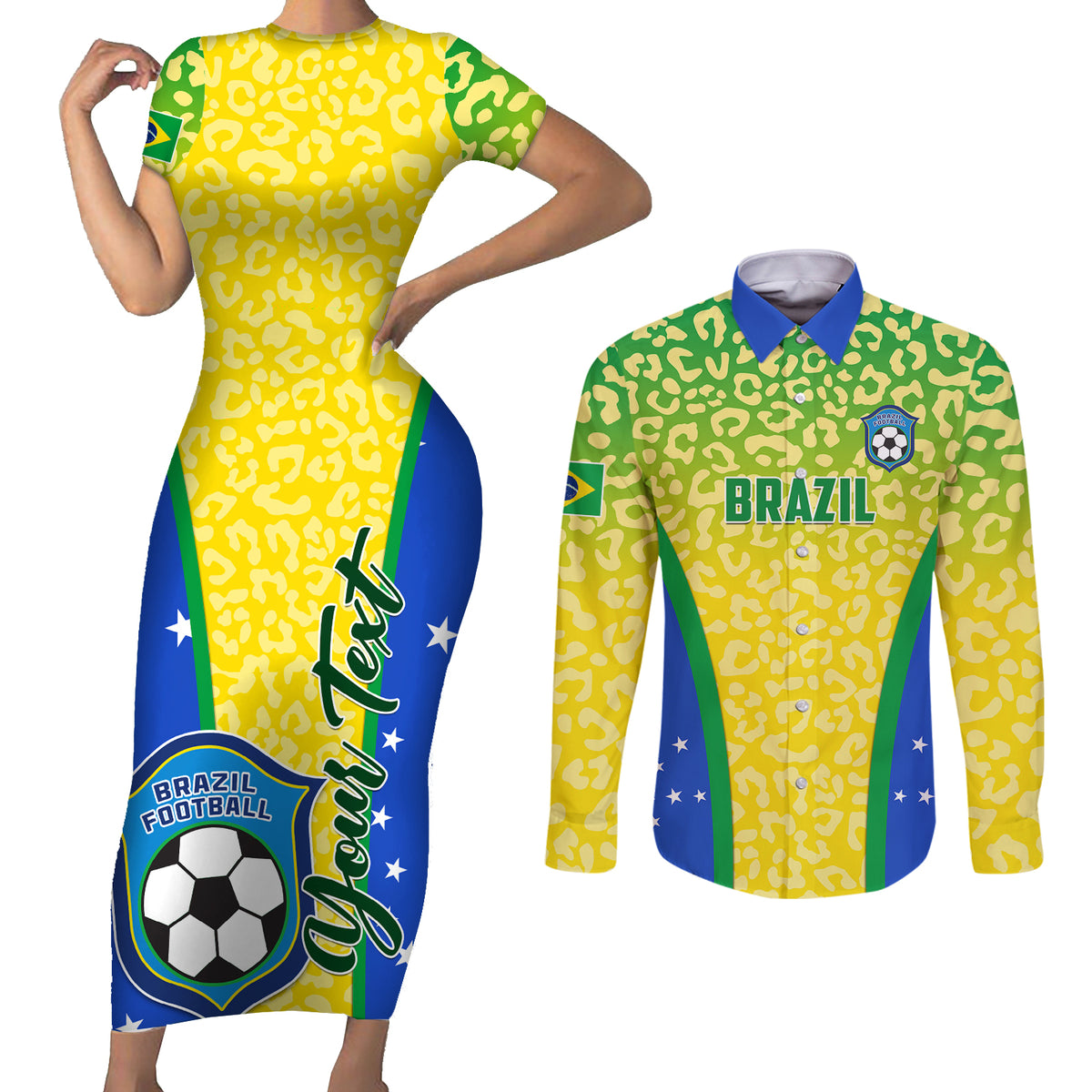 Personalised Brazil Football Couples Matching Short Sleeve Bodycon Dress and Long Sleeve Button Shirts Brasil Leopard Pattern - Wonder Print Shop