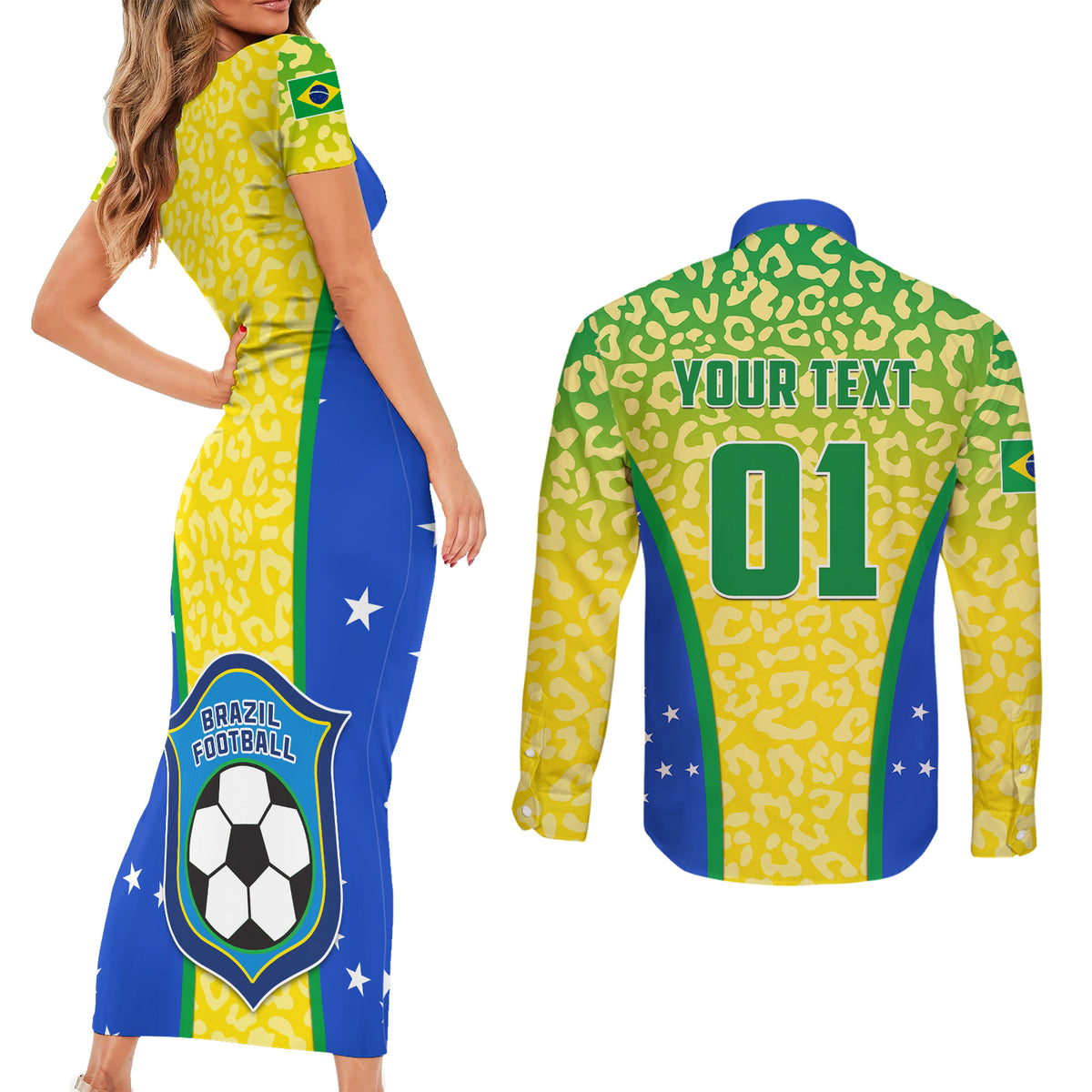 Personalised Brazil Football Couples Matching Short Sleeve Bodycon Dress and Long Sleeve Button Shirts Brasil Leopard Pattern - Wonder Print Shop