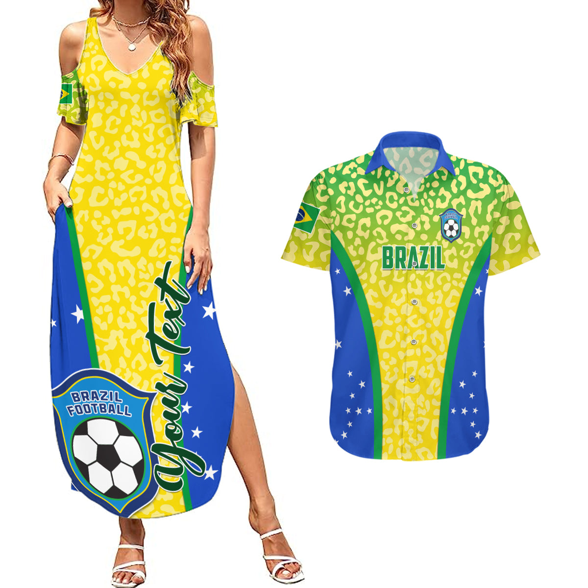 Personalised Brazil Football Couples Matching Summer Maxi Dress and Hawaiian Shirt Brasil Leopard Pattern - Wonder Print Shop