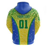 Brazil football hoodie back view: green leopard-yellow with blue trim, YOUR TEXT and number 01