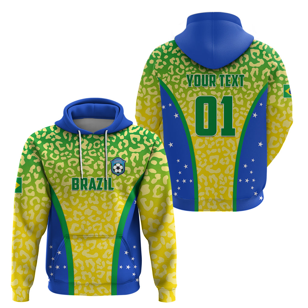 Brazil football hoodie with green leopard-yellow print and blue trim; front BRAZIL, back 01