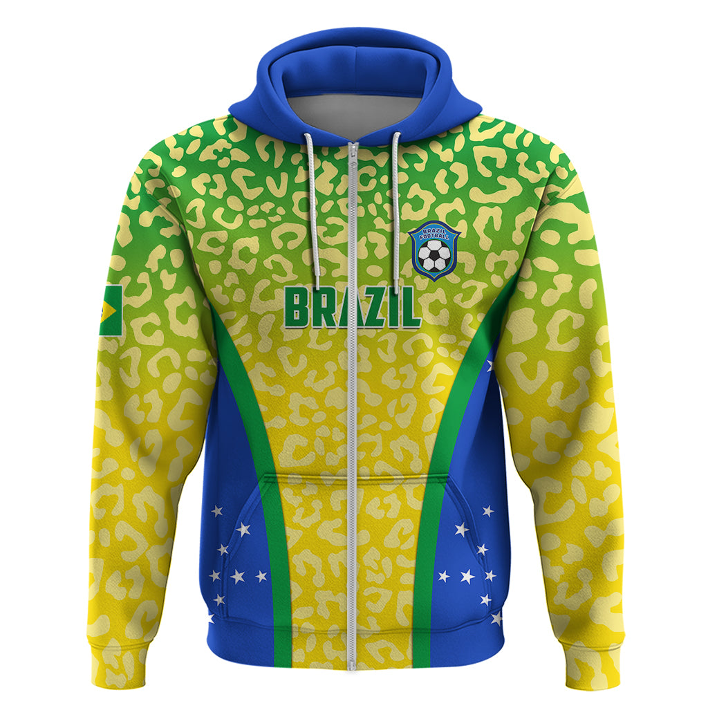 Brazil football pullover hoodie, green leopard-yellow with blue side stripes and center BRAZIL logo