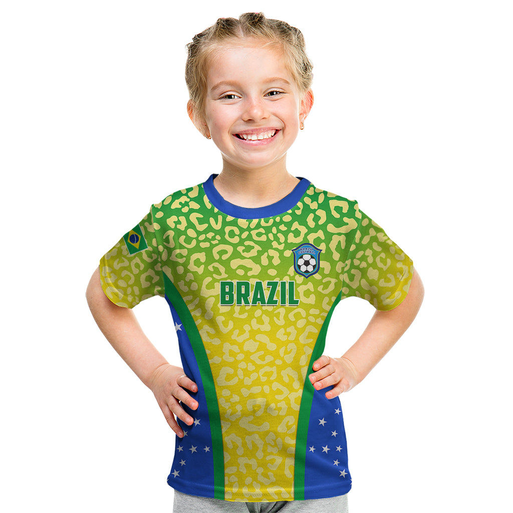 Personalised Brazil Football Kid T Shirt Brasil Leopard Pattern - Wonder Print Shop