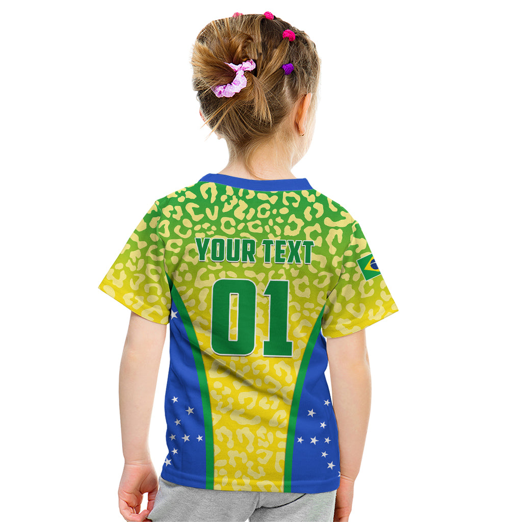 Kids football T-shirt, back view: green/yellow leopard print, 'YOUR TEXT' and 01