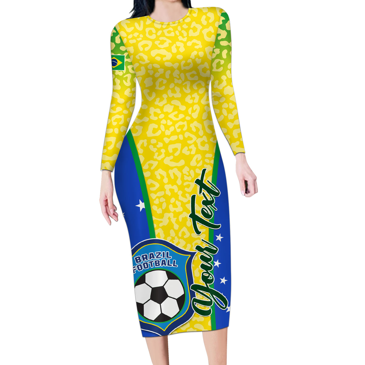 Personalised Brazil Football Long Sleeve Bodycon Dress Brasil Leopard Pattern - Wonder Print Shop