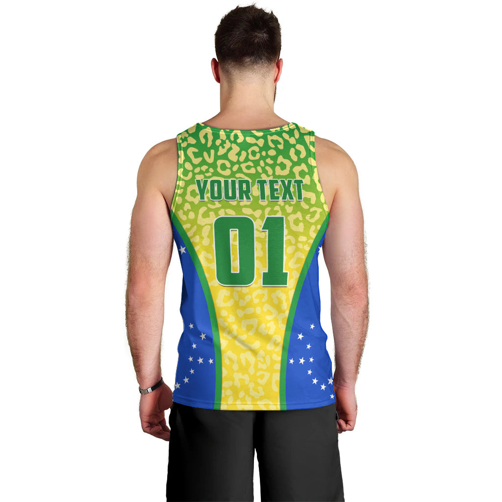 Men's football tank top back view with YOUR TEXT and number 01 on leopard print.
