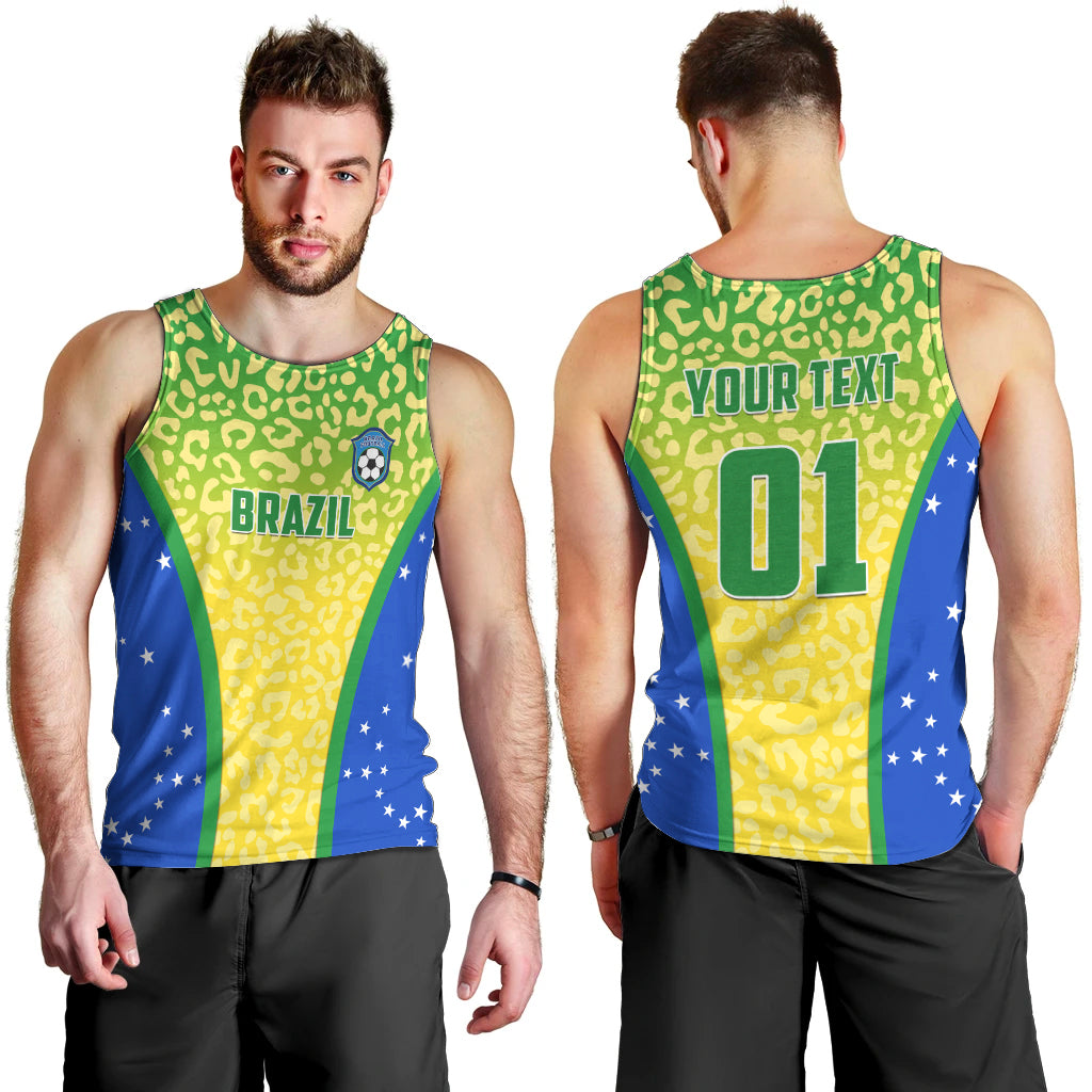 Men's football tank top with Brazil flag leopard print, back text 