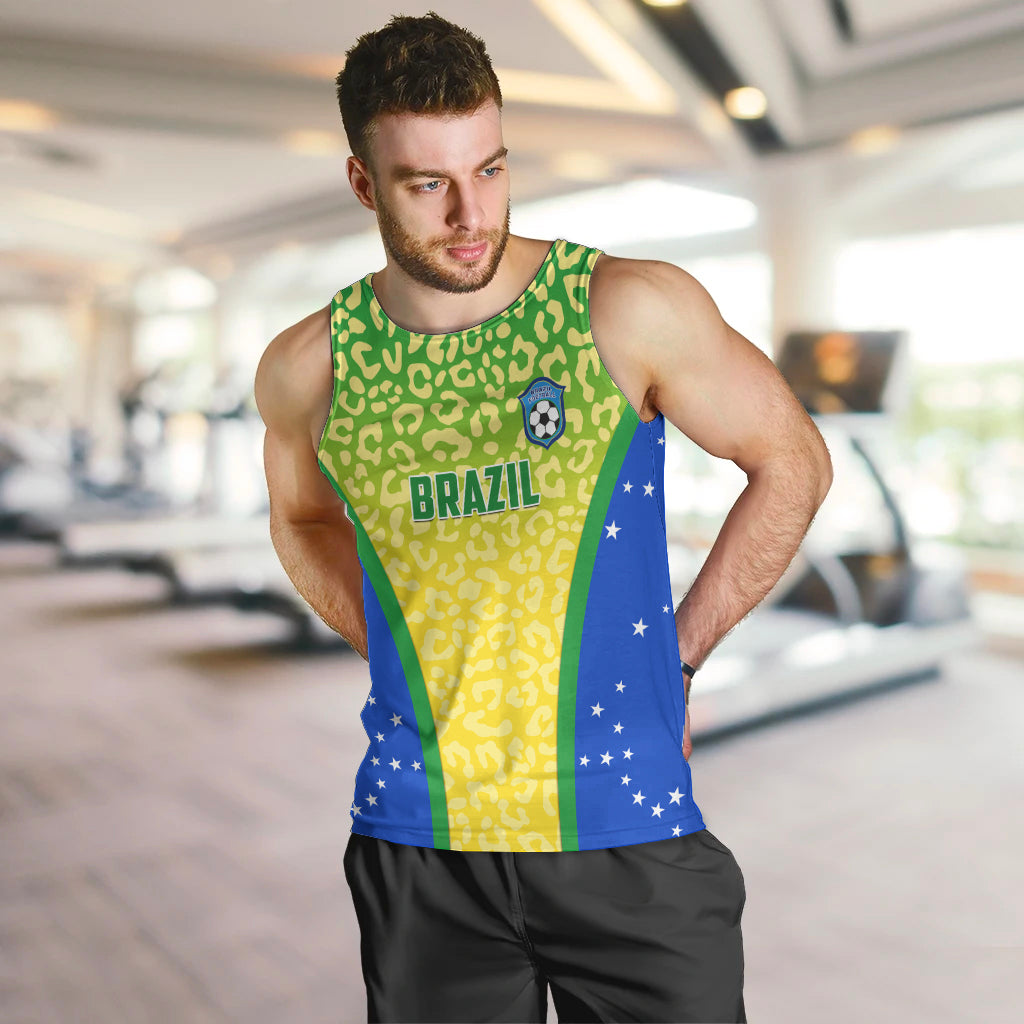 Men's Brazil football tank top with green-yellow leopard print and blue stars panel.
