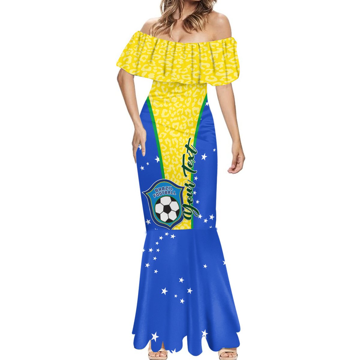 Off-shoulder mermaid football dress with yellow leopard bodice and long blue star tail