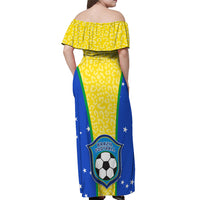 Off-shoulder maxi dress with off-shoulder back, yellow leopard print and blue football crest