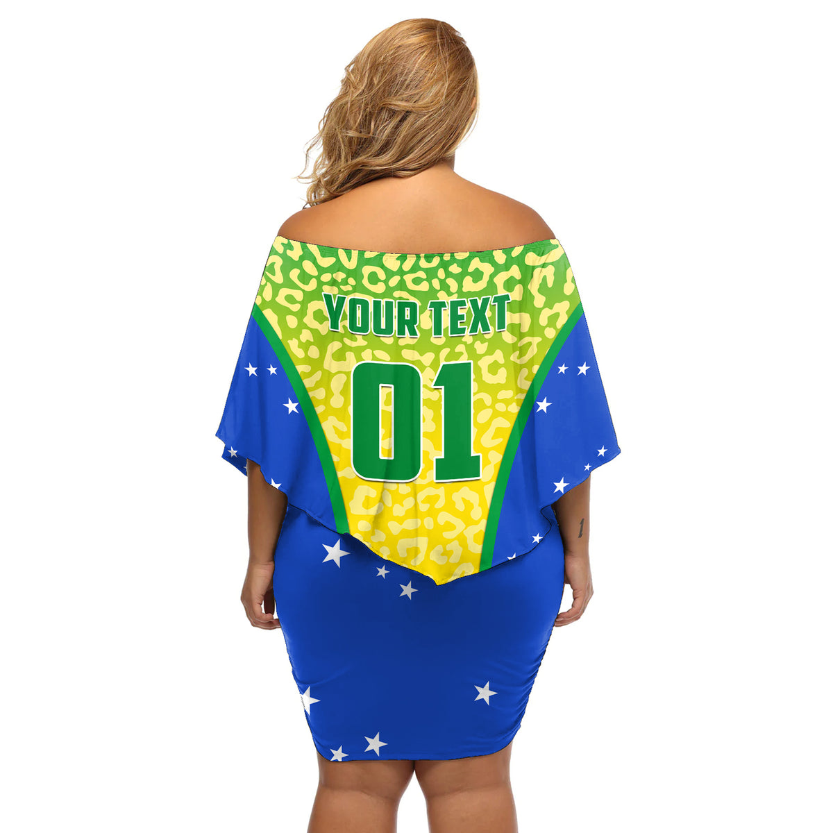 Back view of off-shoulder short dress with Brazil leopard print and 'YOUR TEXT' '01' panel