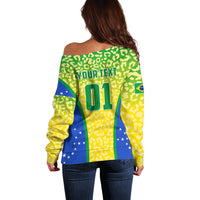 Personalised Brazil Football Off Shoulder Sweater Brasil Leopard Pattern - Wonder Print Shop