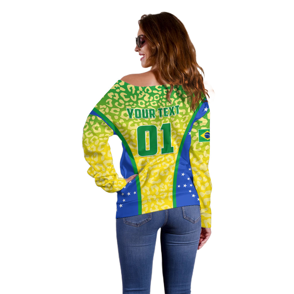 Personalised Brazil Football Off Shoulder Sweater Brasil Leopard Pattern - Wonder Print Shop