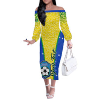 Women’s off-shoulder long-sleeve dress, yellow leopard print with blue-green Brazil flag panels