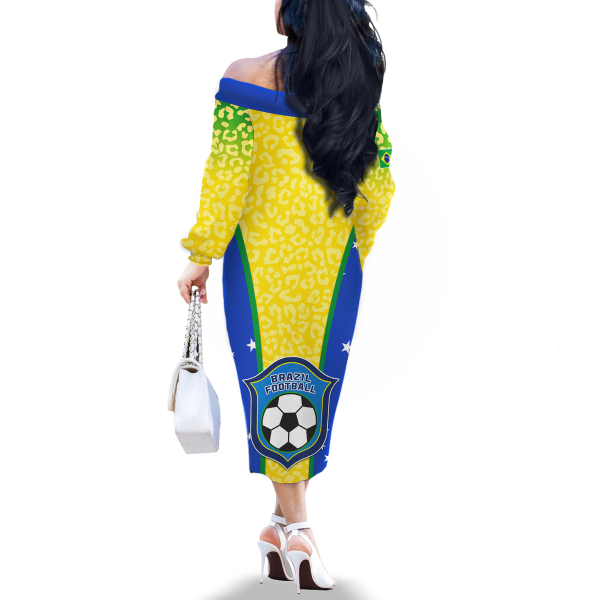 Women’s off-shoulder long-sleeve dress, yellow leopard print with blue-green side panels