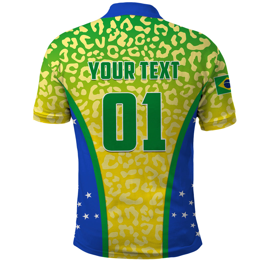 Brazil football polo shirt leopard back with YOUR TEXT and number 01, blue side panels