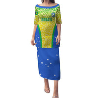 Brazil football long dress, green/yellow leopard with blue star panels, 'BRAZIL' print
