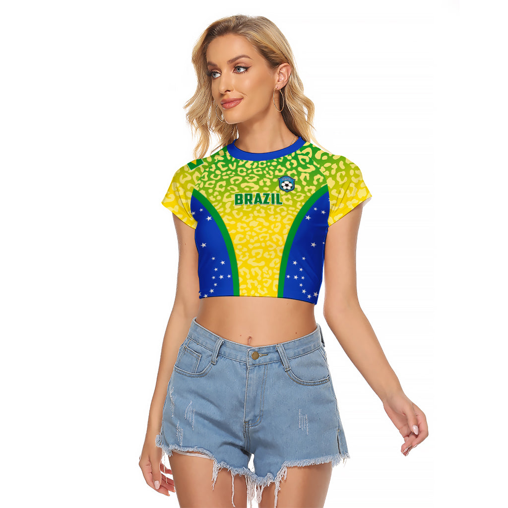 Personalised Brazil Football Raglan Cropped T Shirt Brasil Leopard Pattern - Wonder Print Shop