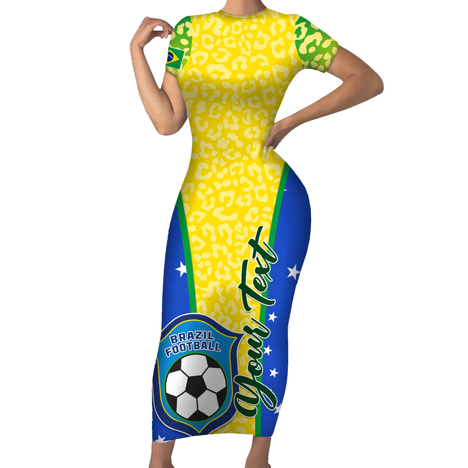 Personalised Brazil Football Short Sleeve Bodycon Dress Brasil Leopard Pattern - Wonder Print Shop