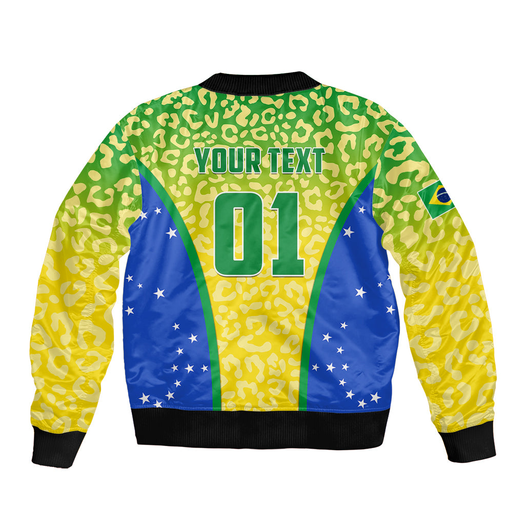 Personalised Brazil Football Sleeve Zip Bomber Jacket Brasil Leopard Pattern - Wonder Print Shop