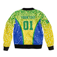 Personalised Brazil Football Sleeve Zip Bomber Jacket Brasil Leopard Pattern - Wonder Print Shop