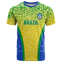 Brazil football T-shirt, green leopard pattern with blue trim, BRAZIL front print