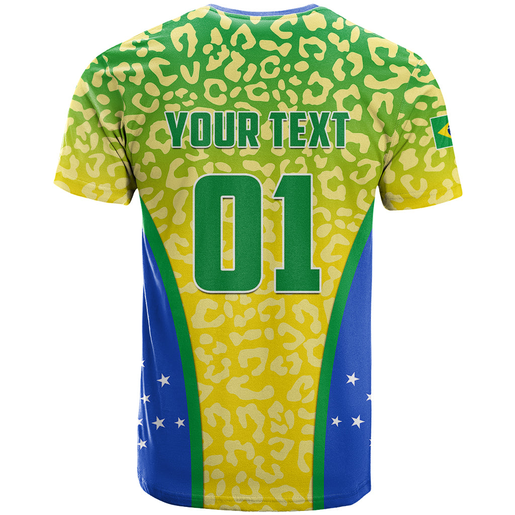 Brazil football T-shirt back, green leopard pattern with blue sides, YOUR TEXT and 01