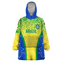 Wearable blanket hoodie with Brazil logo, green leopard print, blue stars, yellow trim
