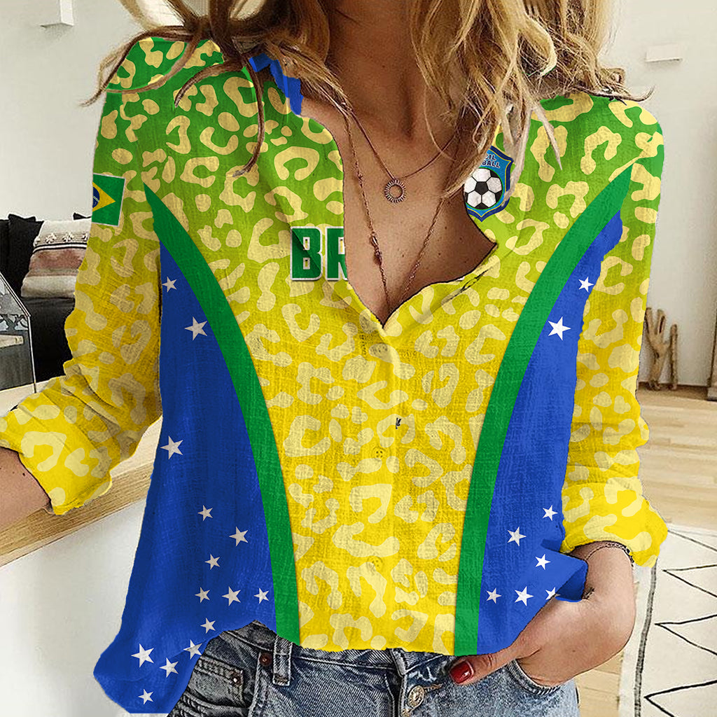 Personalised Brazil Football Women Casual Shirt Brasil Leopard Pattern - Wonder Print Shop