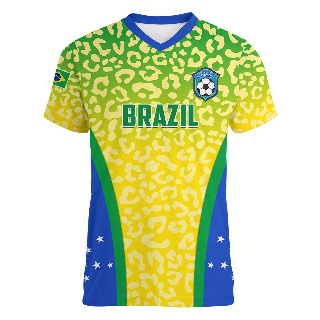Personalised Brazil Football Women V Neck T Shirt Brasil Leopard Pattern - Wonder Print Shop