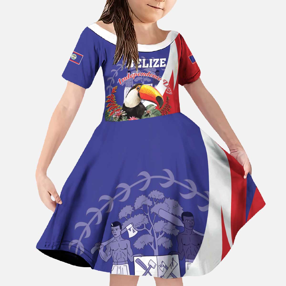 Belize Independence Day 1981 Family Matching Off The Shoulder Long Sleeve Dress and Hawaiian Shirt Bileez Keel Billed Toucan - Wonder Print Shop