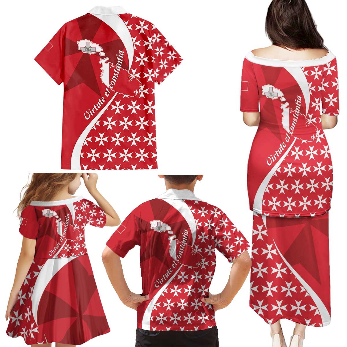 Malta Family Matching Puletasi and Hawaiian Shirt Virtute et constantia Maltese Cross Pattern - Wonder Print Shop