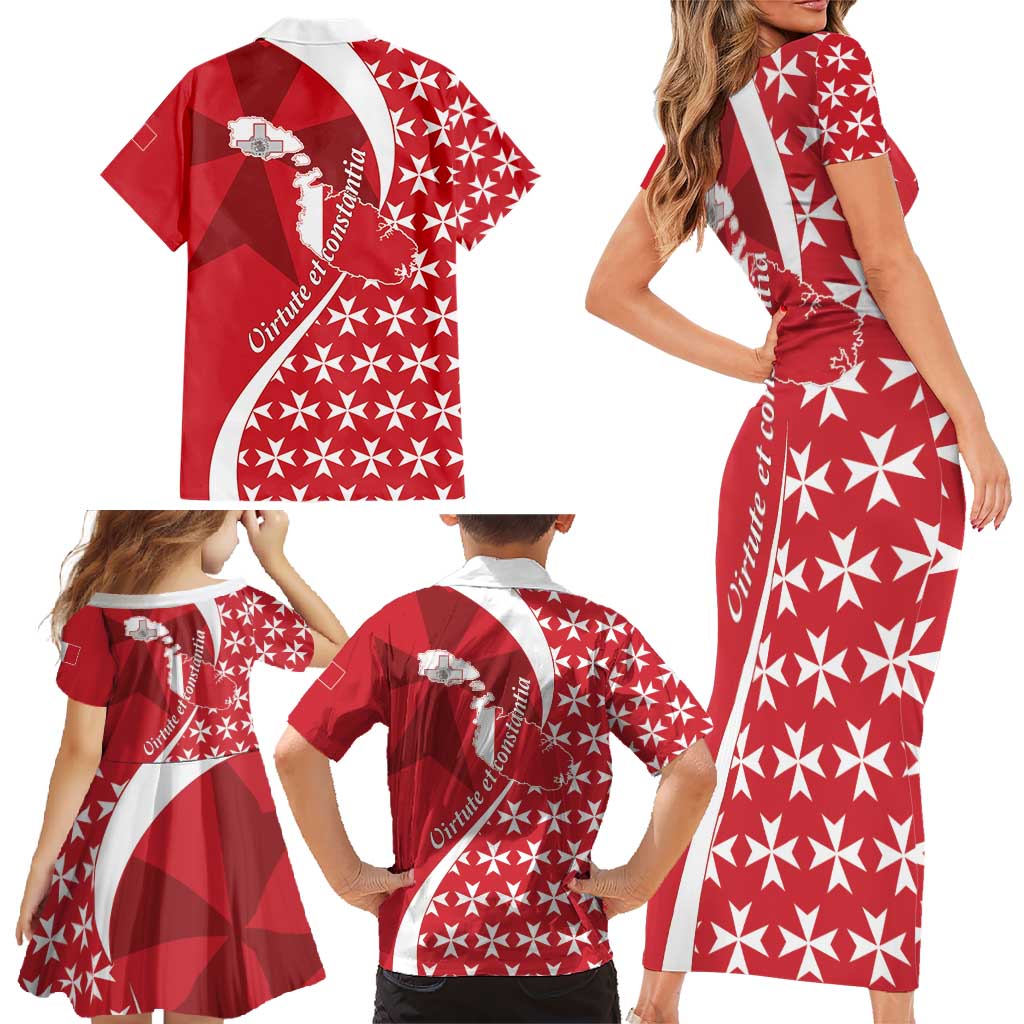 Malta Family Matching Short Sleeve Bodycon Dress and Hawaiian Shirt Virtute et constantia Maltese Cross Pattern - Wonder Print Shop