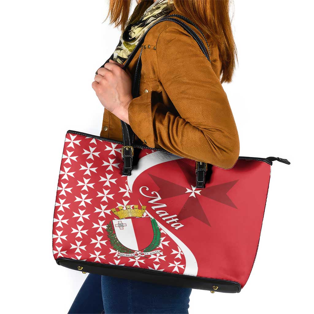 Malta Leather Tote Bag Virtute et constantia Maltese Cross Pattern - Wonder Print Shop