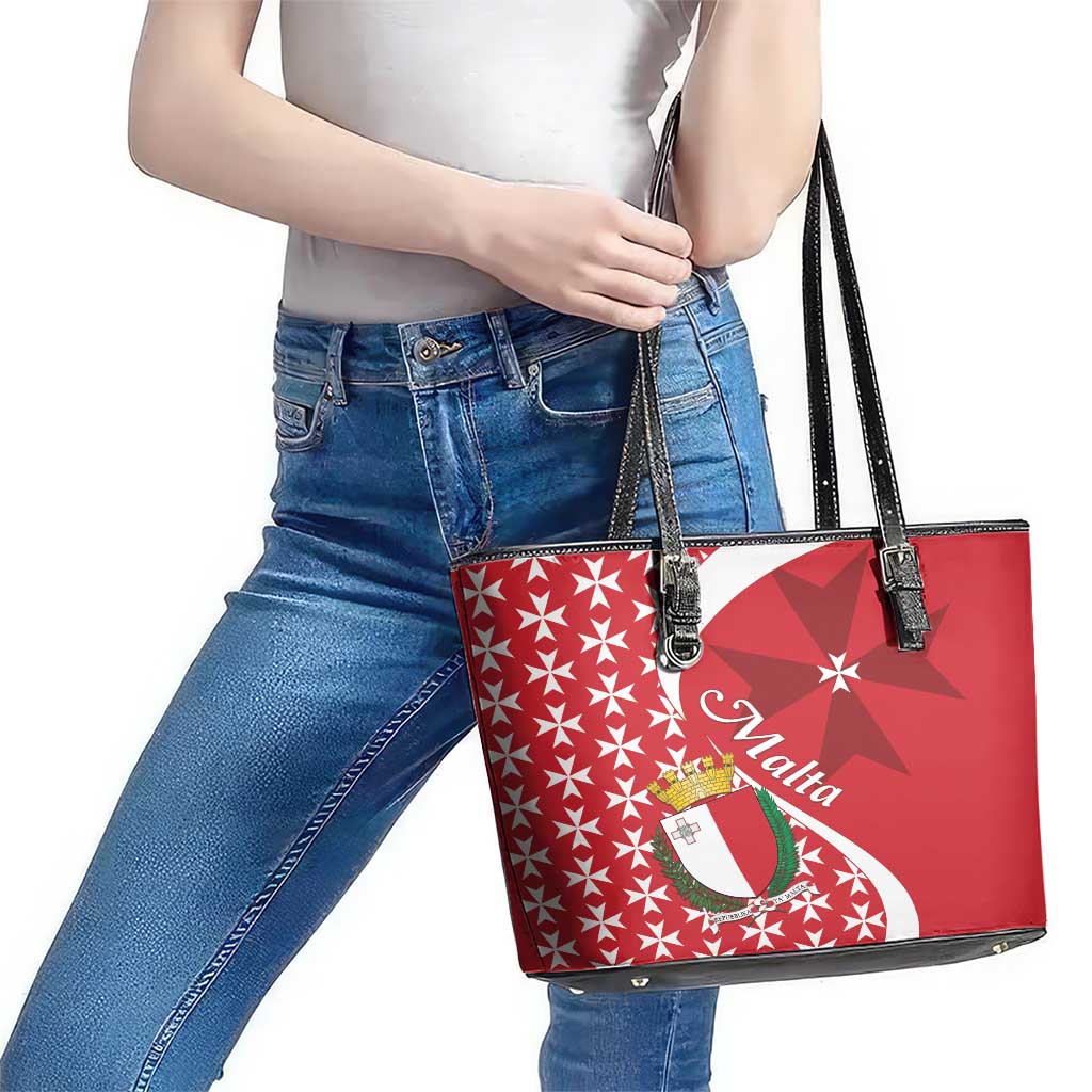 Malta Leather Tote Bag Virtute et constantia Maltese Cross Pattern - Wonder Print Shop