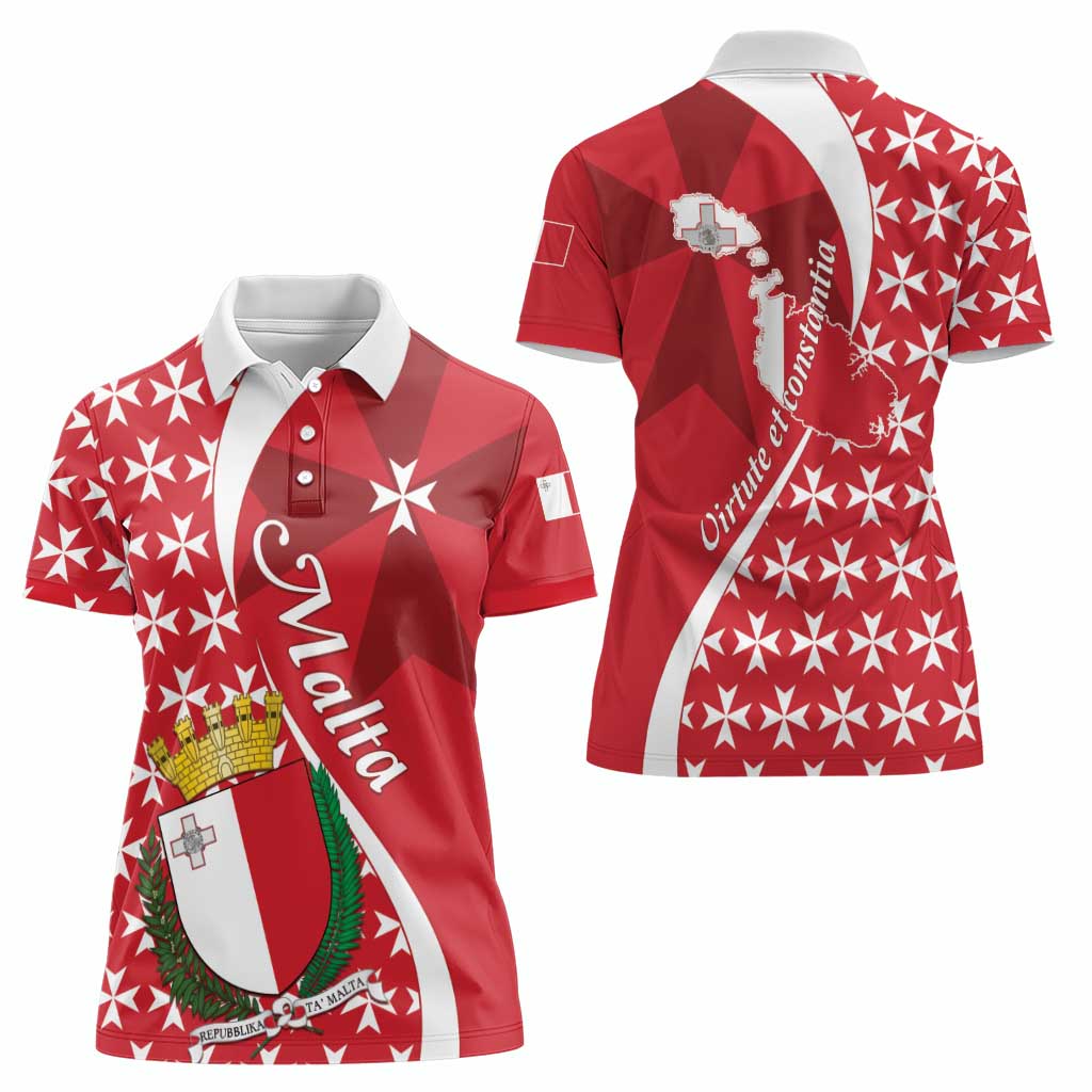 Malta Women Polo Shirt Virtute et constantia Maltese Cross Pattern - Wonder Print Shop
