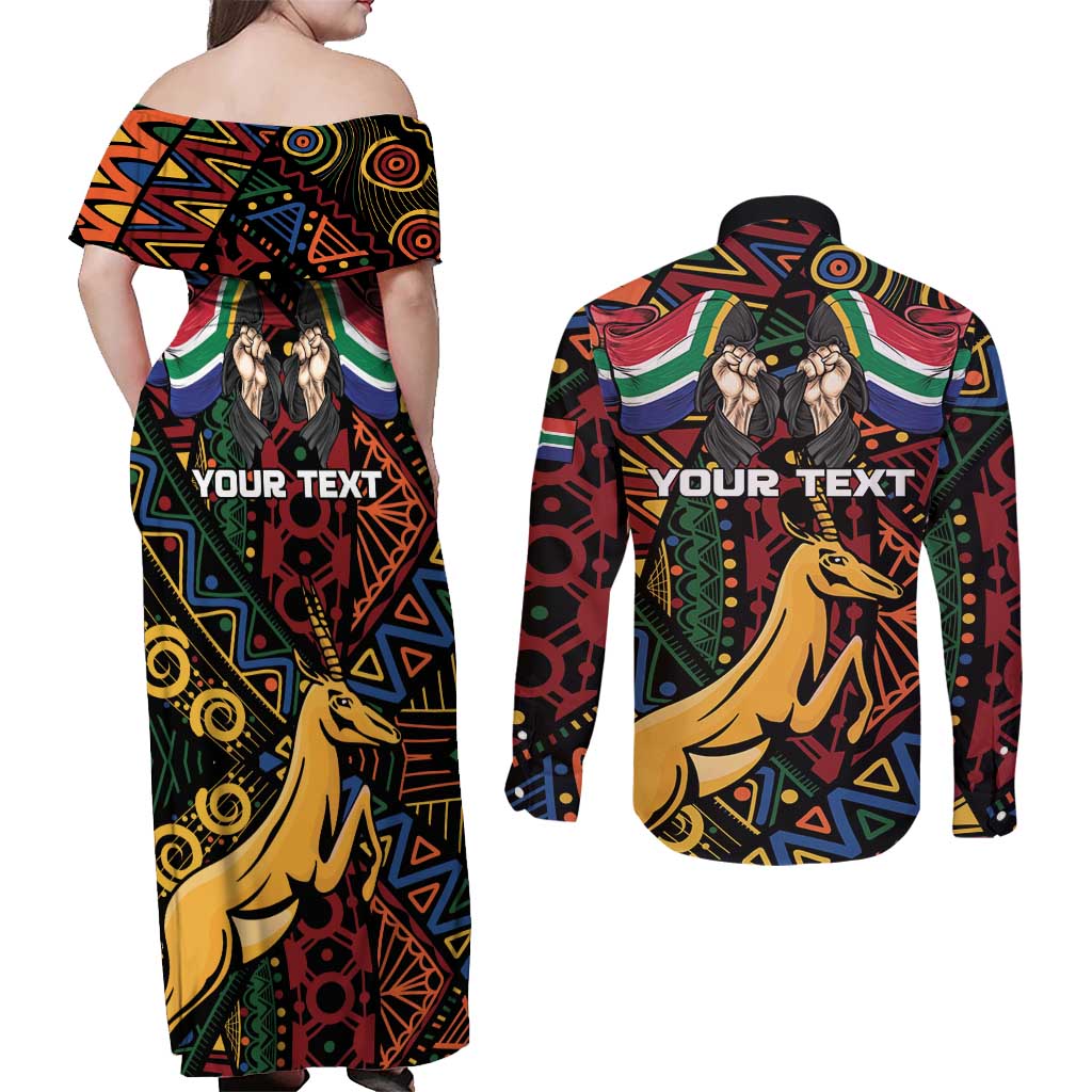 South African Heritage Day Couples Matching Off Shoulder Maxi Dress and Long Sleeve Button Shirt Springbok African Pattern - Wonder Print Shop