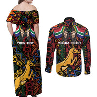 South African Heritage Day Couples Matching Off Shoulder Maxi Dress and Long Sleeve Button Shirt Springbok African Pattern - Wonder Print Shop