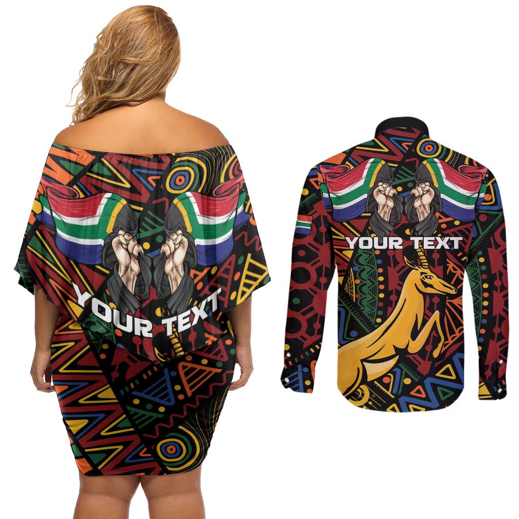 South African Heritage Day Couples Matching Off Shoulder Short Dress and Long Sleeve Button Shirt Springbok African Pattern - Wonder Print Shop