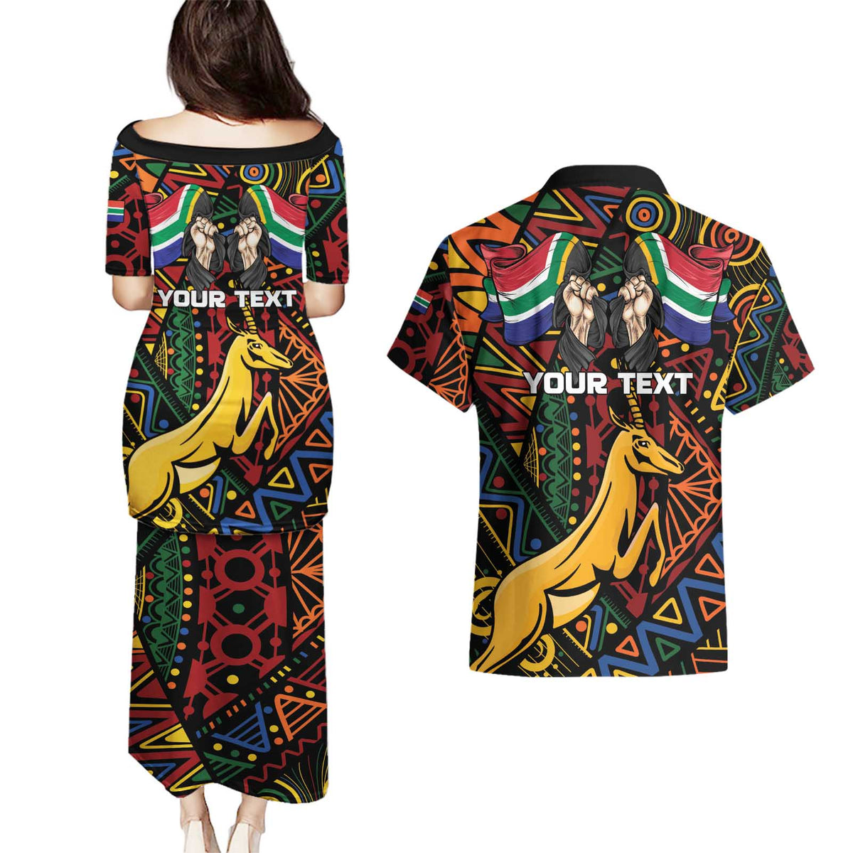 South African Heritage Day Couples Matching Puletasi and Hawaiian Shirt Springbok African Pattern - Wonder Print Shop