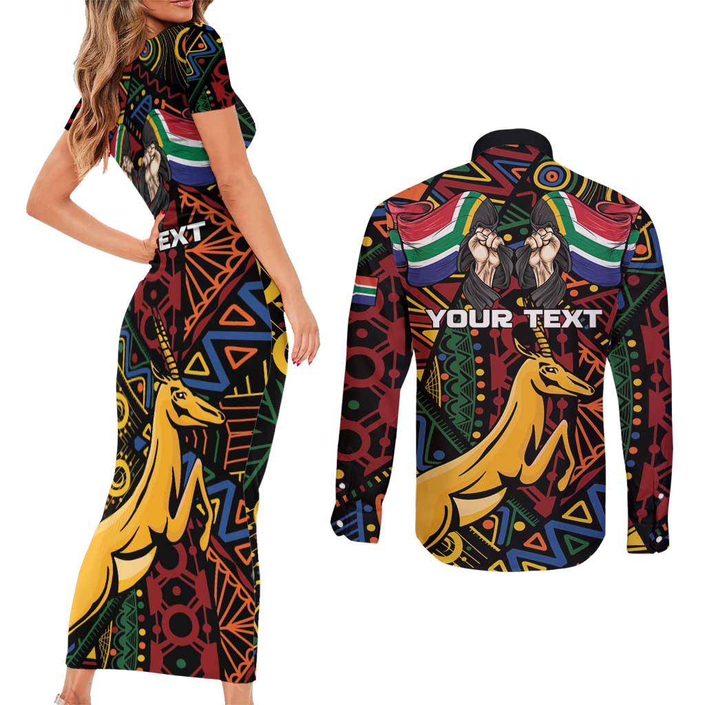 South African Heritage Day Couples Matching Short Sleeve Bodycon Dress and Long Sleeve Button Shirt Springbok African Pattern - Wonder Print Shop