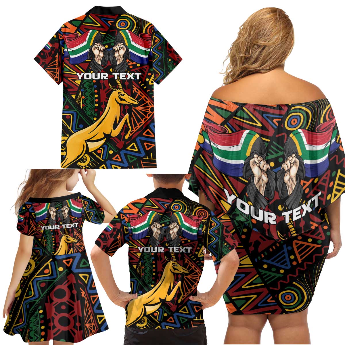 South African Heritage Day Family Matching Off Shoulder Short Dress and Hawaiian Shirt Springbok African Pattern - Wonder Print Shop
