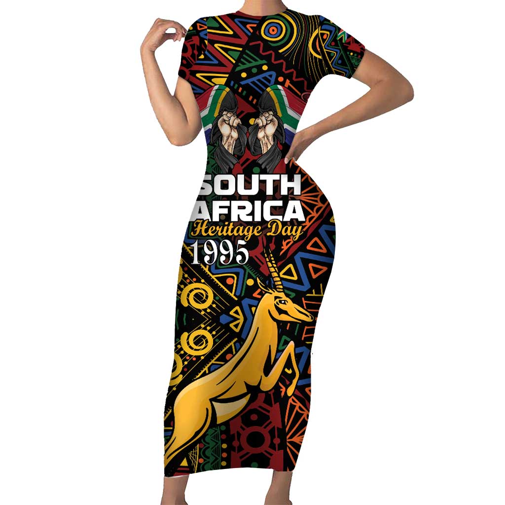 South African Heritage Day Family Matching Short Sleeve Bodycon Dress and Hawaiian Shirt Springbok African Pattern - Wonder Print Shop